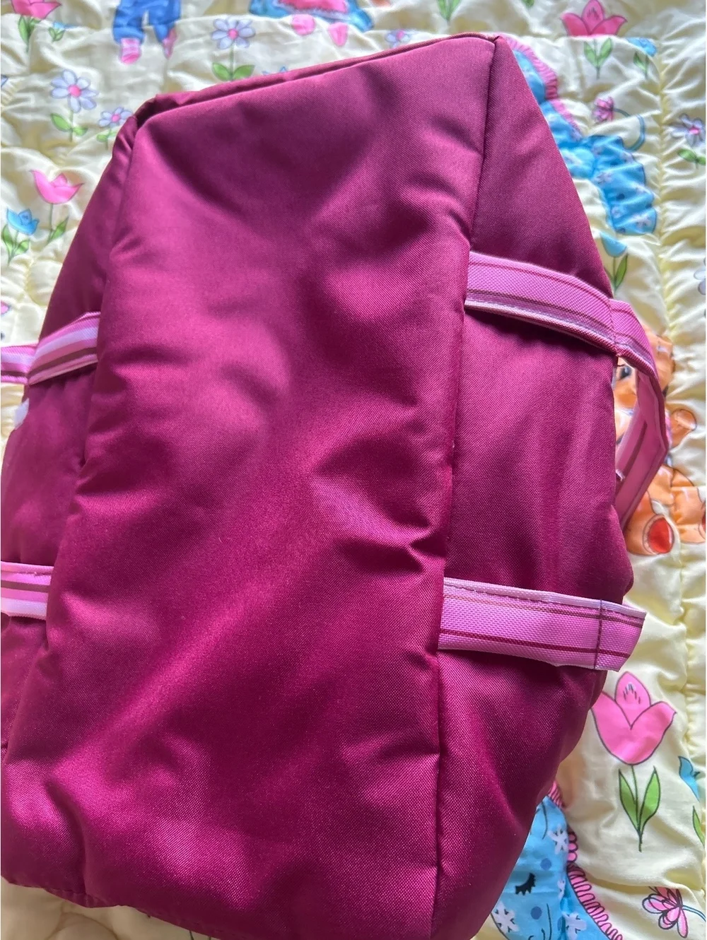 Götz Doll Carrier in Burgundy with Pink Floral Embroidery and Striped Interior